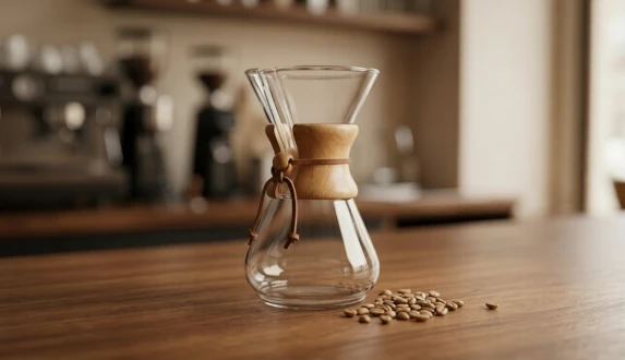 Szklany zaparzacz do kawy chemex stojący na drewnianym blacie w kawiarni obok rozsypanych ziaren