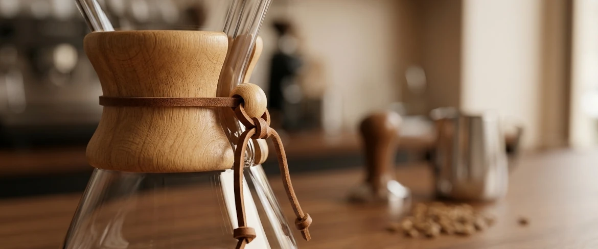 Zbliżenie na drewniany kołnierz i skórzany rzemyk, w które wyposażony jest chemex zaparzacz