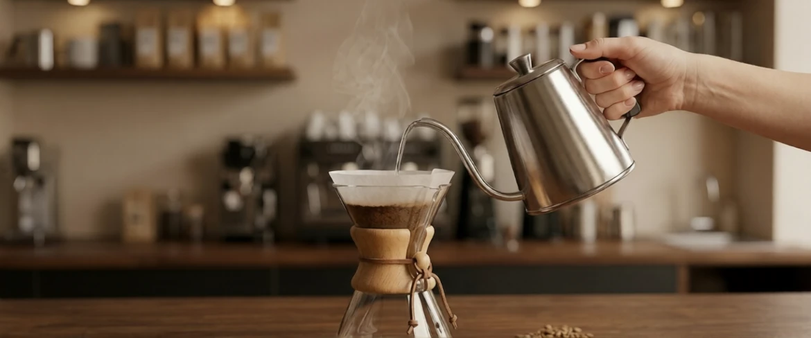 Chemex – parzenie kawy – barista zalewający gorącą wodą zmielone ziarna przy użyciu stalowego czajnika