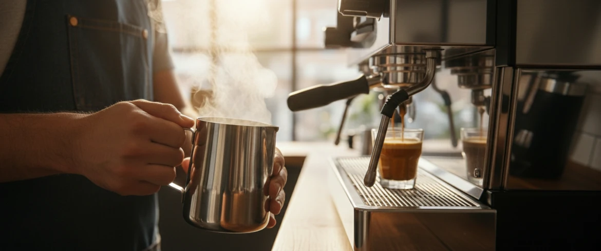 Spienianie mleka do cortado – jeden z etapów przepisu na kawę po hiszpańsku