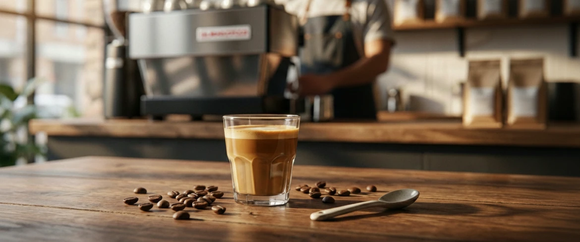 Gotowa kawa cortado na stole – klasyczna hiszpańska kawa