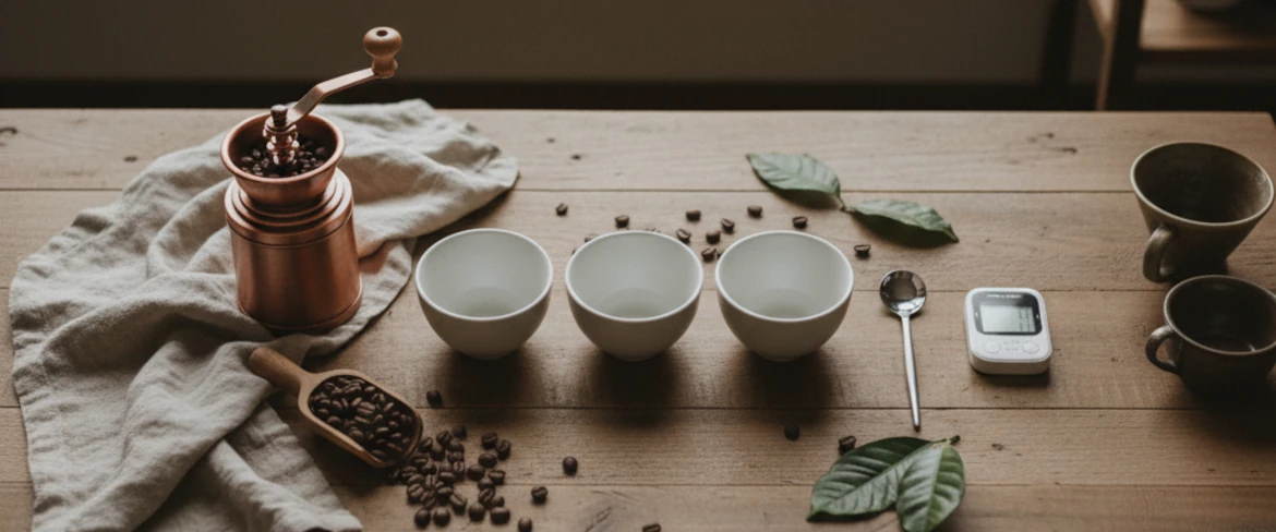 Akcesoria do cuppingu kawy – łyżka cuppingowa, waga i młynek do profesjonalnej degustacji
