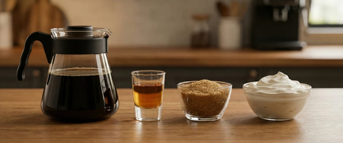 Składniki do kawy po irlandzku – kawa, whisky, cukier i śmietanka