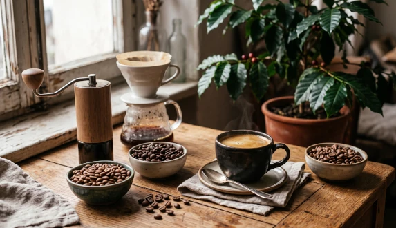 Kawa ziarnista, młynek i filiżanka espresso na drewnianym stole.