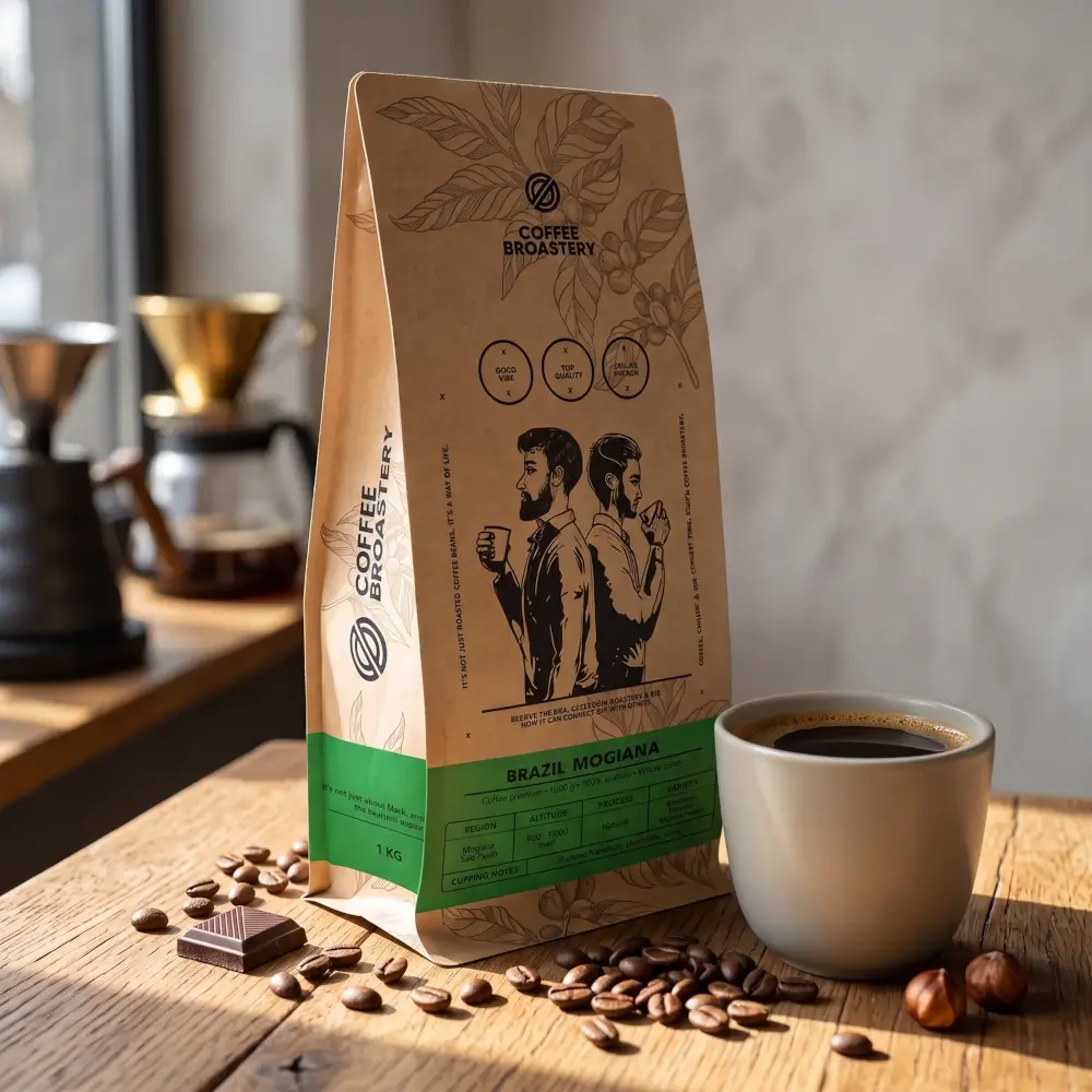 Kawa ziarnista Brazil Mogiana Premium, filiżanka kawy, czekolada i orzechy.