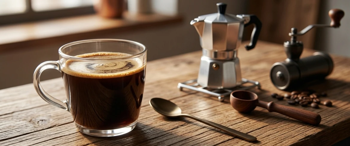 Americano a kawa czarna – gotowy napar w szklanym kubku na tle klasycznej kawiarki