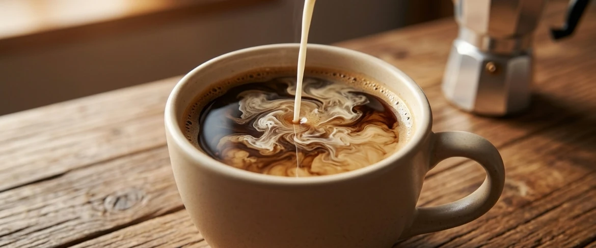 Americano z mlekiem – jasne smugi niespienionego mleka wlewane do ciemnej kawy