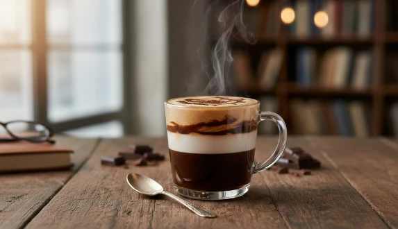 Mokka – Kaffee mit Schokolade im Glas, klassischer Caffè Mocha