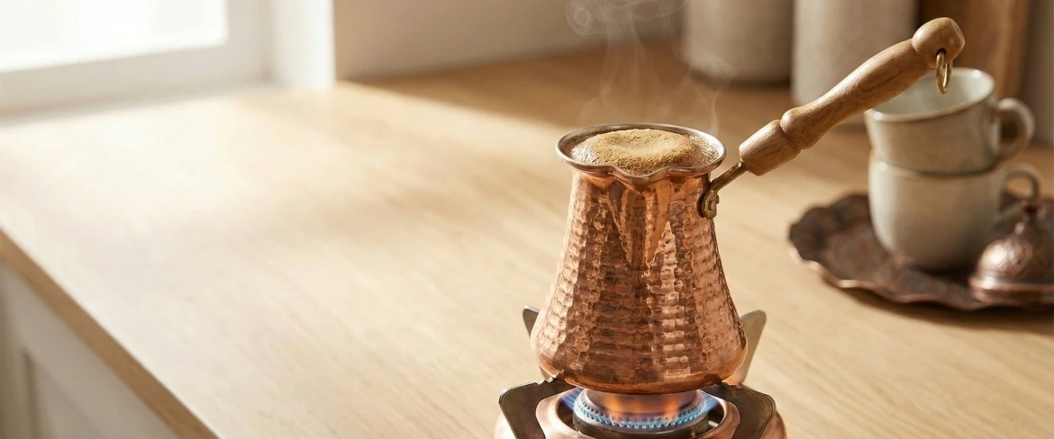 Parzenie kawy po turecku w miedzianym tygielku na małym ogniu