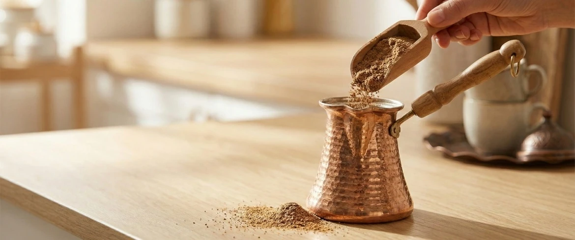 Drobno mielona kawa turecka wsypywana do tygielka