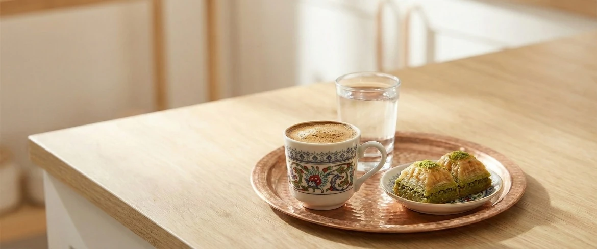 Turecka kawa podawana w filiżance z wodą i baklawą