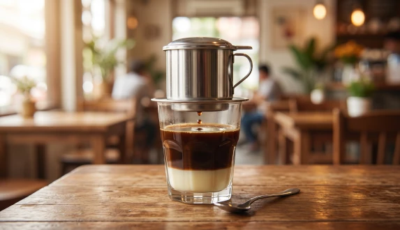 Kawa po wietnamsku z mlekiem skondensowanym podana w przezroczystej szklance z zaparzaczem phin