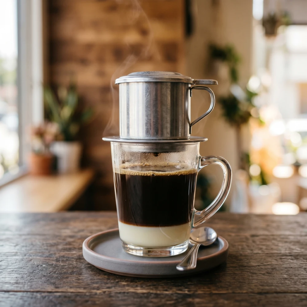 Tradycyjna kawa wietnamska na gorąco z wyraźnymi warstwami i nałożonym filtrem phin