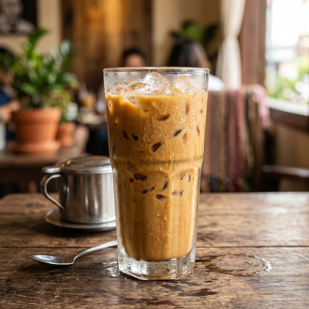 Orzeźwiająca mrożona kawa po wietnamsku w wysokiej szklance wypełnionej lodem 