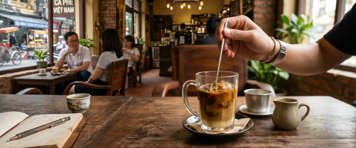 Kawa po wietnamsku – jak pić – energiczne mieszanie ciemnego naparu ze słodkim mlekiem za pomocą łyżeczki 