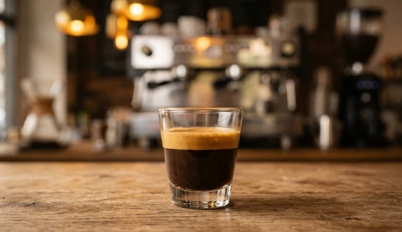 Szklanka z intensywnym naparem i grubą cremą na tle ekspresu – idealna odpowiedź na pytanie: ristretto – co to za kawa