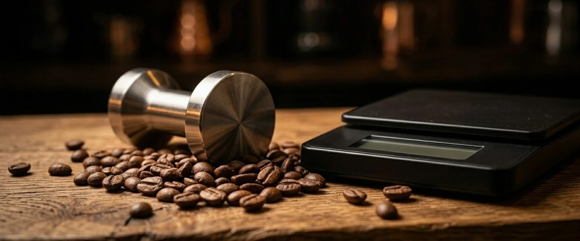 Świeże ziarna, stalowy tamper i waga na drewnianym blacie, z których powstanie idealna ristretto kawa