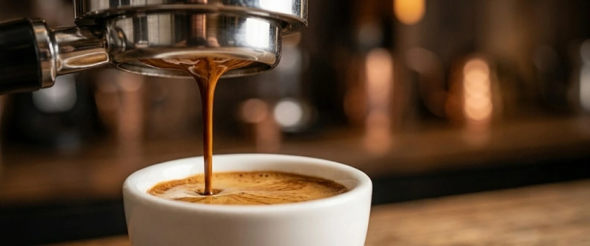 Gęsty napar spływający z kolby ekspresu do filiżanki, pokazujący w praktyce przepis na kawę ristretto
