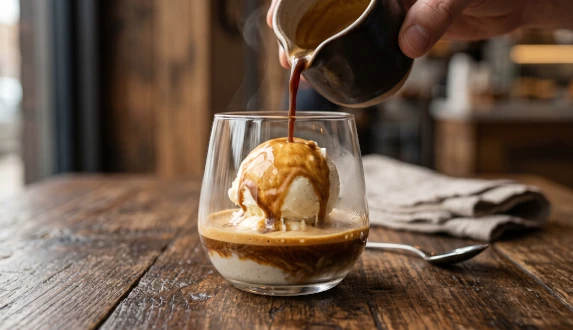 Wlewanie gorącego naparu na lody waniliowe, czyli klasyczna kawa affogato