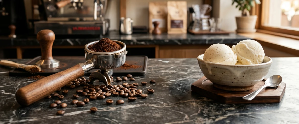 Składniki na espresso z lodami – kolba ze zmieloną kawą, ziarna kawy i lody do przygotowania cafe affogato