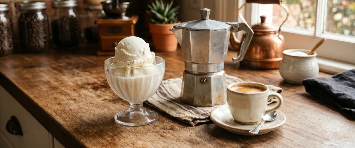 Sprawdzony przepis na kawę z lodami – lody w pucharku, kawiarka i filiżanka espresso