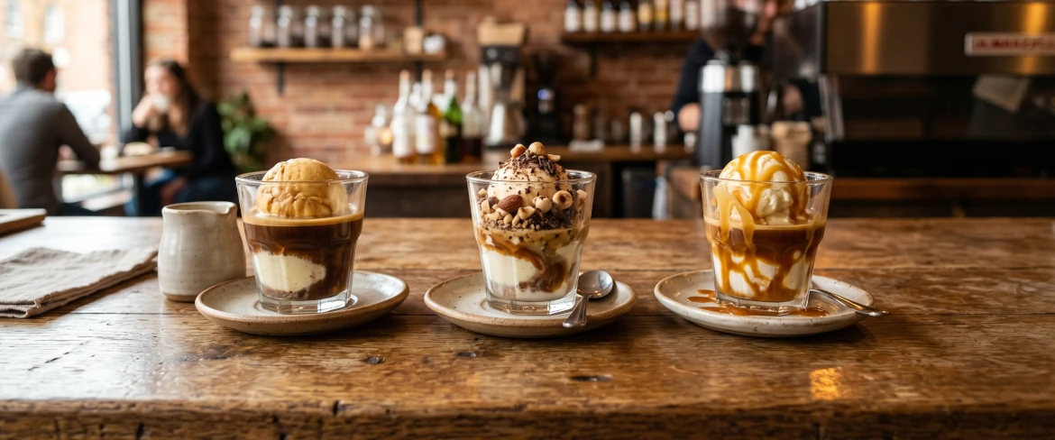 Trzy warianty espresso affogato z dodatkami – alternatywa dla słodkiej kawy mrożonej z lodami
