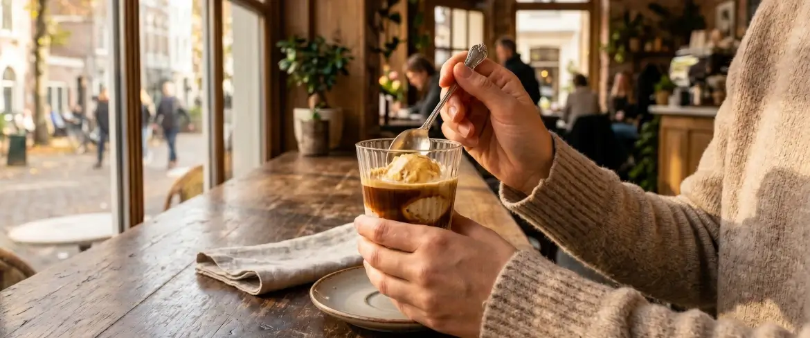 Osoba jedząca affogato w kawiarni – najlepsza odpowiedź na to, co to jest affogato i jak pysznie smakuje o każdej porze roku